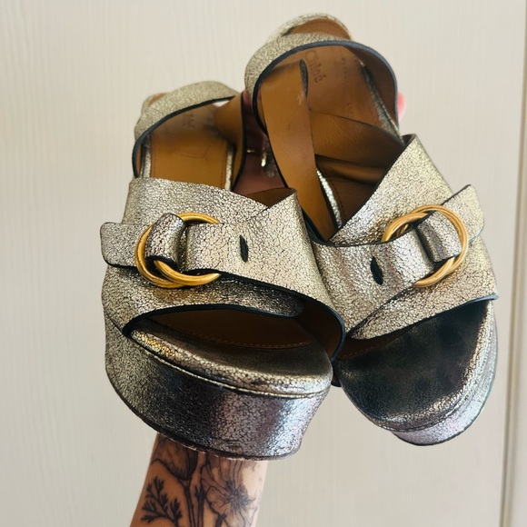 Chloè Gold Metallic 70s Leather Glam Platform Ankle Strap Sexy Disco Heels 37/7 - Picture 2 of 9